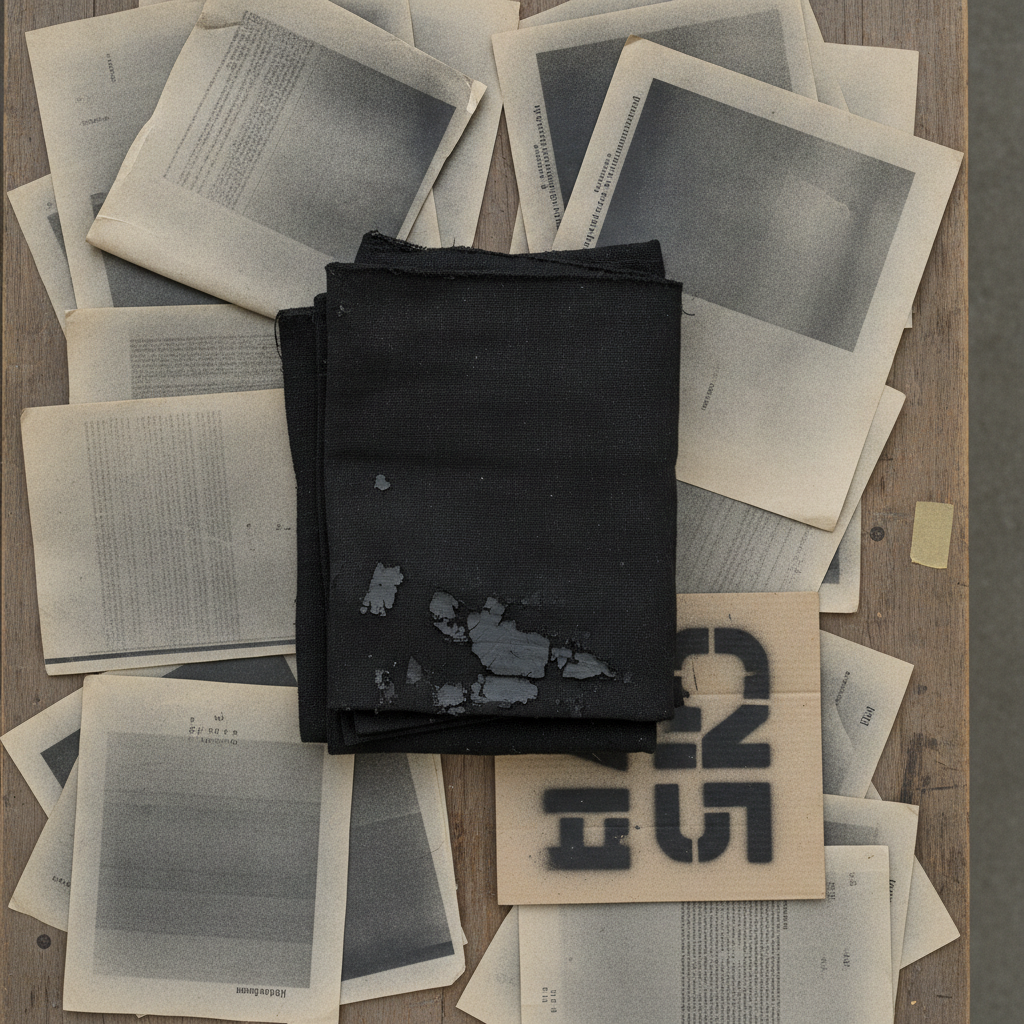 Moodboard: Archivtisch mit Aktenkopien, Transparent und Schablone in entsättigtem Papiergrau